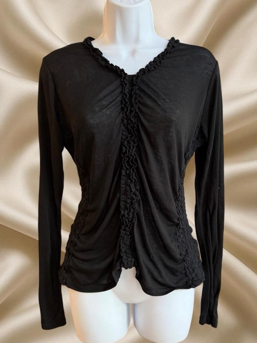 Vintage Draped Black Ruffle-Trim Long Sleeve Top